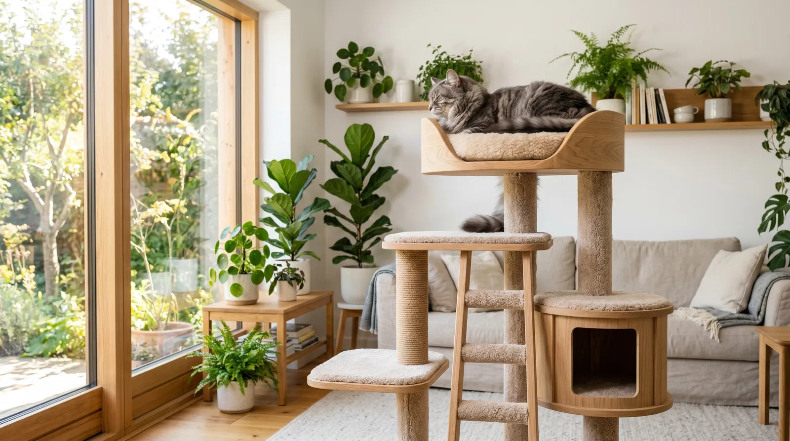 A cat relaxing on a cat tree in a bright, cosy living room